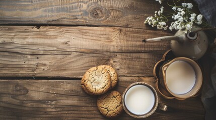 A wooden table with a vase of flowers and two cups of milk. The table is covered with cookies and a pitcher of milk