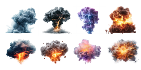 Set of storm cloud explosions with lightnings isolated on transparent background.
