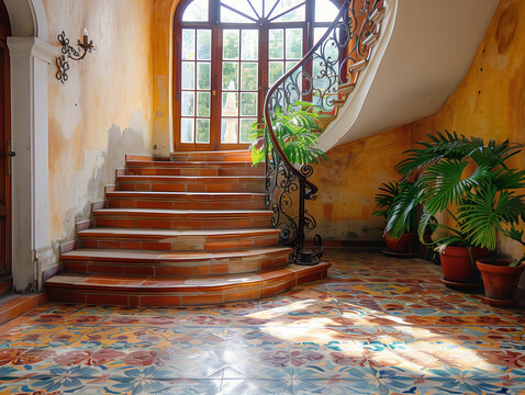 Escalier ancien en bois avec une rampe &eacute;l&eacute;gante en fer forg&eacute;, int&eacute;rieur chic et &eacute;l&eacute;gant d'un manoir antique