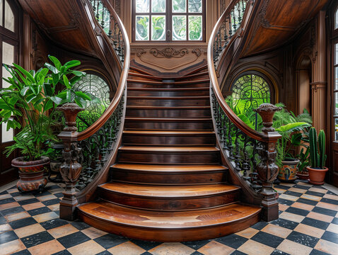 Escalier ancien en bois avec une rampe &eacute;l&eacute;gante en fer forg&eacute;, int&eacute;rieur chic et &eacute;l&eacute;gant d'un manoir antique