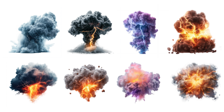 Set of storm cloud explosions with lightnings isolated on transparent background. - Powered by Adobe