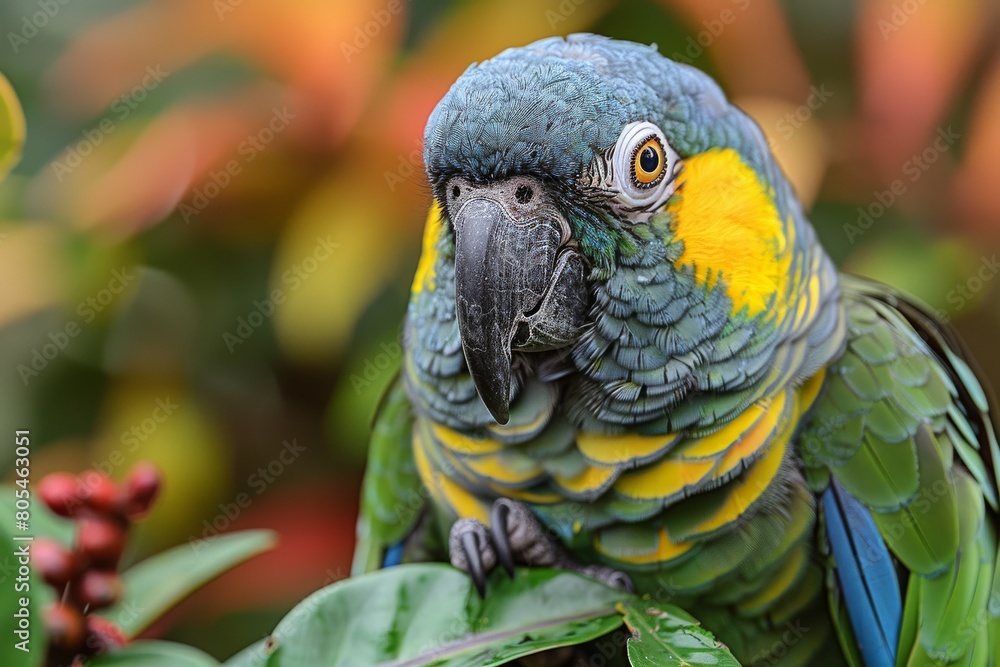 Poster detailed close-up image presenting the intricate patterns and vivid colors of a parrot, reflecting n