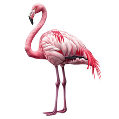 Różowy flaming stojący na dwóch nogach, wznosząc swoje ciało w górę. Ptak prezentuje elegancką postawę i wygląda dumnie