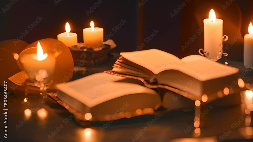 Poster open book on table with candles generative ai