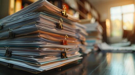 Obraz premium Piles of unfinished documents archives with clips 