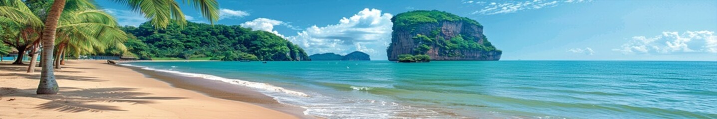 Fototapeta premium Panoramic Tropical Beach Scene with Palm Trees, Clear Blue Water, and a Distant Rocky Island, Perfect for Travel and Vacation Themes