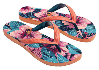 Floral pattern flip flops with vibrant summer colors isolated on transparent background