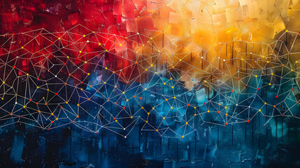 Artistic representation of a network of connections superimposed on a colorful, textured background, symbolizing complex digital interactions