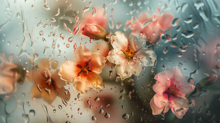 Colorful flowers behind cloudy glass in drops of water