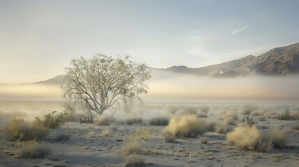 Wisps of desert fog drift lazily across the arid landscape, softening the harsh edges of the sand and lending an ethereal quality to the scene. In this ephemeral moment,