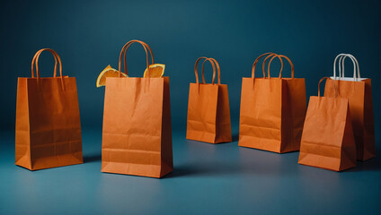 There are several orange gift bags with bows on a blue table.

