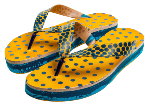 Stylish yellow and blue polka dot flip flops isolated on transparent background