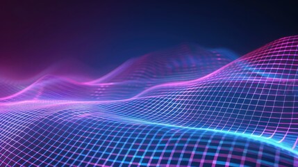Abstract grid background with neon glowing lines and waves in blue purple pink collors. Digital landscape, 3d rendering illustration of wireframe mesh.