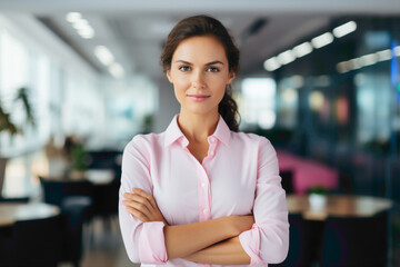 A brightly lit conference room with large windows, featuring a stylish female executive in a pink blouse, exuding confidence as she poses with her arms folded, looking directly at the camera.