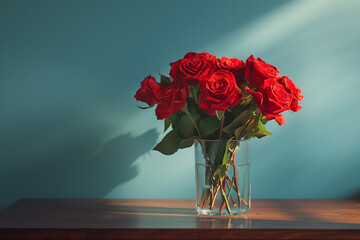 Bouquet of red roses in a glass vase on a wooden table against a blue wall background, sunlight rays creating shadows and highlights. The flowers are arranged elegantly with long green leaves.