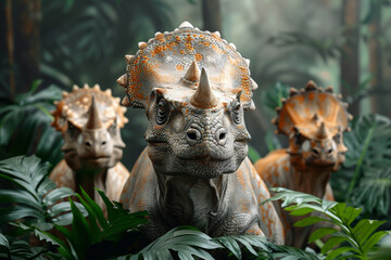 In a lush rainforest, an exotic group of dinosaurs, their scaly skin evoking prehistoric wildlife.