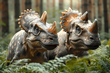 In a prehistoric forest, a lifelike triceratops model depicts ancient wildlife evolution.