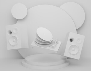 Abstract scene or podium with Hi-fi speakers and DJ turntable on monochrome