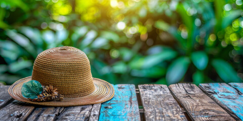 A straw hat is sitting on a wooden table in a lush green forest