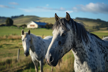 Two beautiful grey spotted horses with black spots, standing on open field farm landscape with hills in New Zealand. A farmhouse is visible behind them with a blue sky.