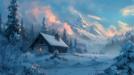 Wrapped in a blanket of snow, a mountain cabin stands sentinel against the elements, its sturdy frame a bastion of warmth and shelter amidst the winter wilderness, a sanctuary for the weary traveler.