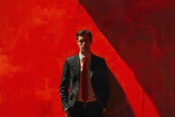 Fototapeta premium A captivating image capturing the essence of charm and allure, as a young man stands confidently in his business suit agnst a vibrant red canvas, exuding timeless style.