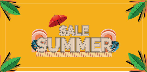 summer  sale banner with summer elements umbrella and tropical leaves , 3d illustration 