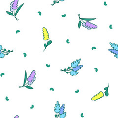 Spring flowers with leaves. Seamless pattern. Botanical leaf. Hand drawn style. Vector drawing. Design ornaments.