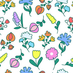 Spring flowers with leaves. Seamless pattern. Botanical leaf. Hand drawn style. Vector drawing. Design ornaments.