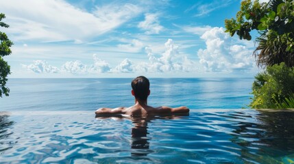 Luxury Resort. Man Relaxing In Infinity Swimming Pool Water. Beautiful Happy Healthy Male Model Enjoying Summer Travel Vacation At Tropical Spa Hotel In Indonesia, Sea View. Summertime Relax Concept