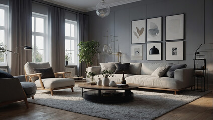 A living room with a blue couch, two wicker chairs, a coffee table, 