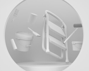 Abstract scene with folding ladder, bucket and paint roller on monochrome