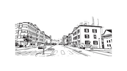 Print Building view with landmark of St. Gallen is the
city in Switzerland. Hand drawn sketch illustration in vector.