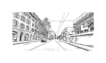 Print Building view with landmark of St. Gallen is the
city in Switzerland. Hand drawn sketch illustration in vector.