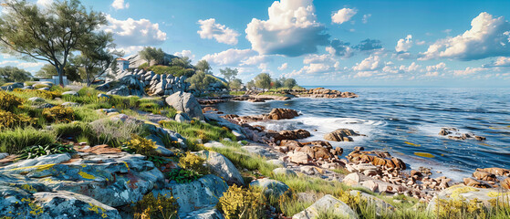 Tranquil Baltic coastline with rugged cliffs and forest, serene summer day with no people in sight