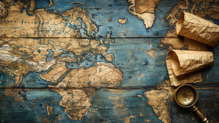 A map of the world is on a wooden table with a magnifying glass