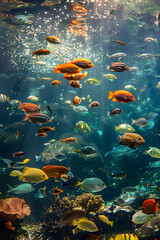 Fototapeta na wymiar Underwater Symphony: An Artistically Illuminated Tropical Fish Aquarium Showcasing Quality Care
