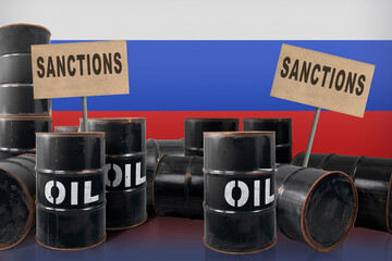 Barrel of oil with russian flag. Rusty dangerous barrel with fuel or crude oil. Concept of economic sanctions embargo for the Russian Federation