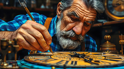Close-up of a skilled elderly watchmaker intently repairing a large, ornate antique clock in a workshop