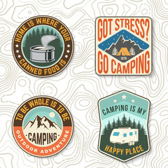 Set of camping related typographic quote for sticker, badges, patches . Vector. Patch design with forest, mountains and starry night sky, canned fish, camper silhouette