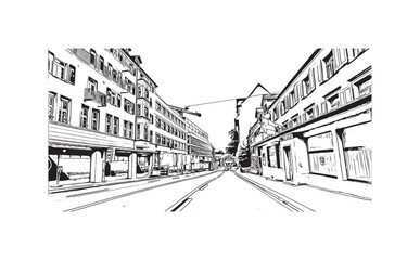 Print Building view with landmark of St. Gallen is the
city in Switzerland. Hand drawn sketch illustration in vector.