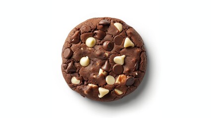 a realistic product photo of a single double chocolate cookie with chocolate and white chips on a white background flatlay