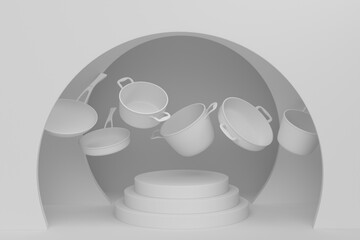 Abstract scene or podium with stewpot and frying pans on monochrome.