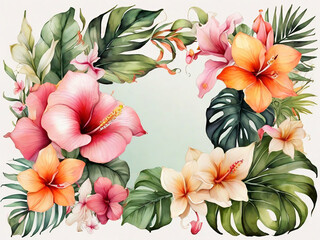 watercolor floral illustration paradise nature tropical flowers frame orchid hibiscus calla lily green palm leaves wild jungle background