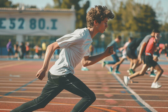 A confident guy wearing black and white jeans participating in a school sports event, showcasing his athletic skills on the field.