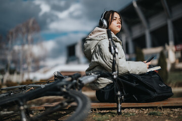 A young woman relaxes with her phone, headphones, and bike on a sunny day in the park.