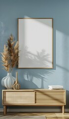 A Mockup of blank frame on the wall in living room, light blue walls with wooden sideboard, modern boho interior design