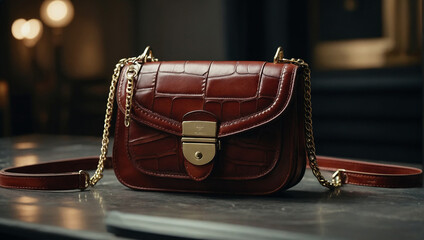 A brown leather handbag with a gold clasp and chain strap.

