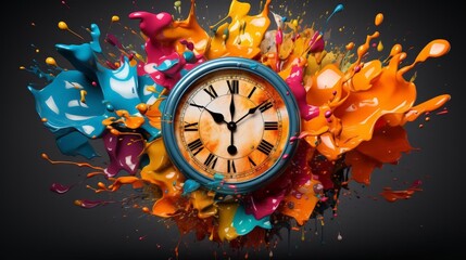 Bold visual metaphor of a clock face, with numbers and hands melting in a spectrum of colors, representing the chaos and beauty of temporal passage