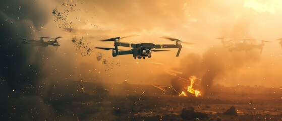 An epic aerial battle between a military drone and a squadron of enemy fighter jets